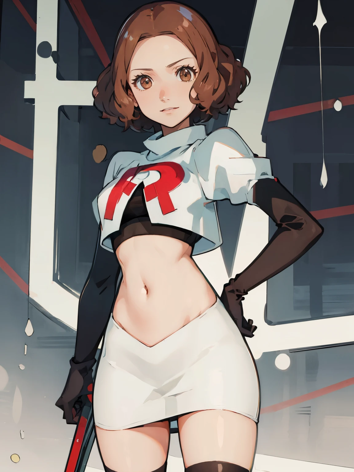 haru okumura, (brown eyes:1.5), brown hair, short hair, glossy lips, team rocket uniform, white jacket, white skirt, pencil skirt, miniskirt, black thighhigh boots, black elbow gloves, hand on hip, midriff, red letter "R", evil smile