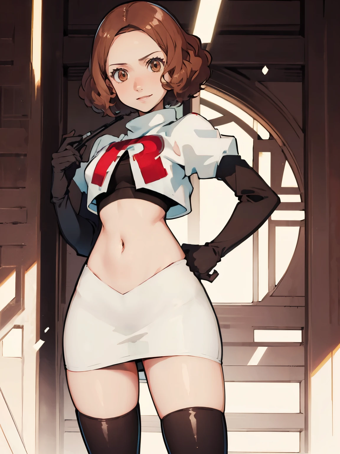 haru okumura, (brown eyes:1.5), brown hair, short hair, glossy lips, team rocket uniform, white jacket, white skirt, pencil skirt, miniskirt, black thighhigh boots, black elbow gloves, hand on hip, midriff, red letter "R", evil smile