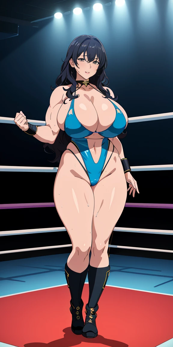 (best quality:1.5, highres, UHD, 4K, detailed lighting, shaders), wavy hair, busty, high cut monokini, cleavage, (full body shot), standing, pro wrestling background, sexy, erotic, lewd, seductive,wearing sporty boots,well muscle,huge saggy tit
