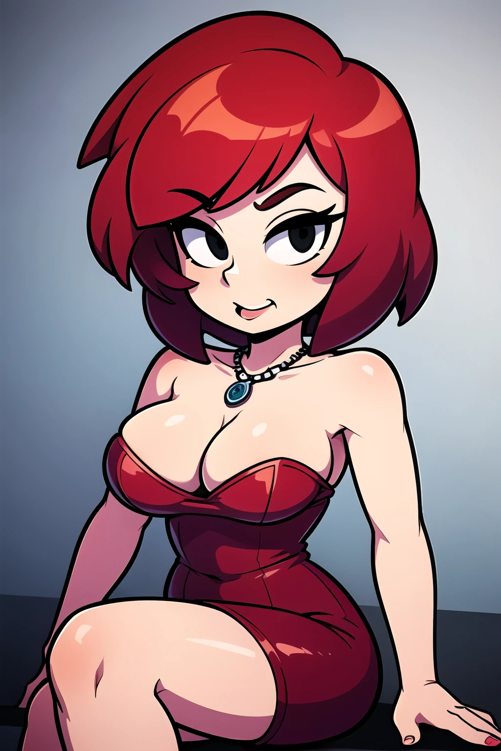 Masterpiece, best quality , nishikino maki, red hair, short hair, bob cut, black eyes, short red bodycon dress, red dress, strapless, sleeveless, sexy, sexy pose, sexual arousal, sitting pose, cleavage, necklace, elegant party, llchar