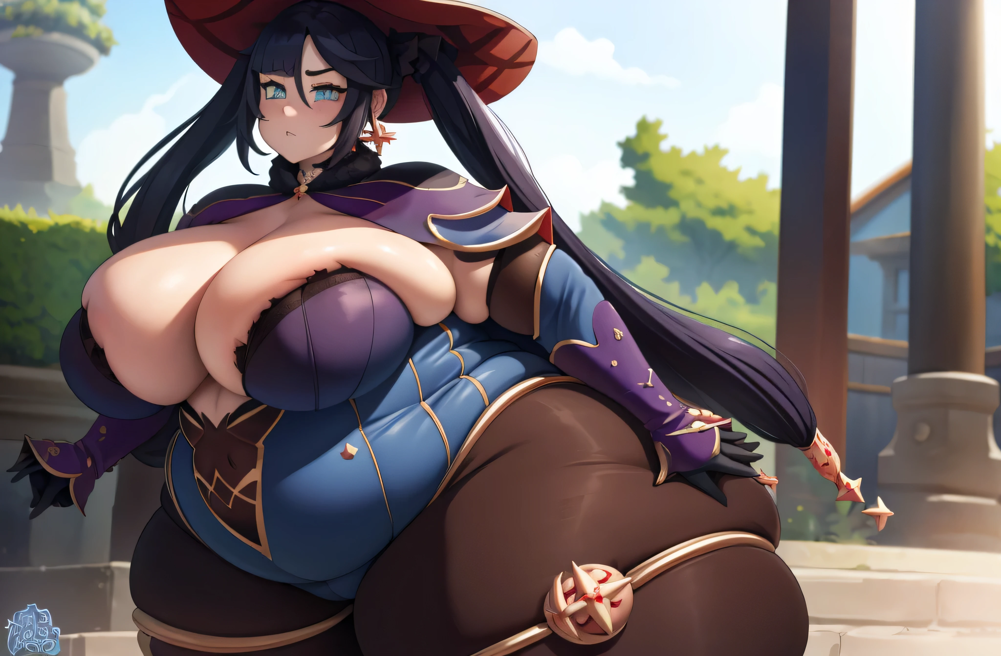 Mona genshin impact, Curvy, muito gordo, (quadris largos:1.3), coxas enormes, grossas e macias, SSBBW, muito gordo flabby arms, realistic lighting, High detail, Qualidade HD, Rosto detalhado, sombreamento realista, rolos de gordura, massive size, gigantescos enormes seios transbordando de gordura, massive cleavage, Peso pesado, plussize, everything is fat, textura macia, olhos grandes bonitos, semi-realista, Dynamic angle, pattern clothes