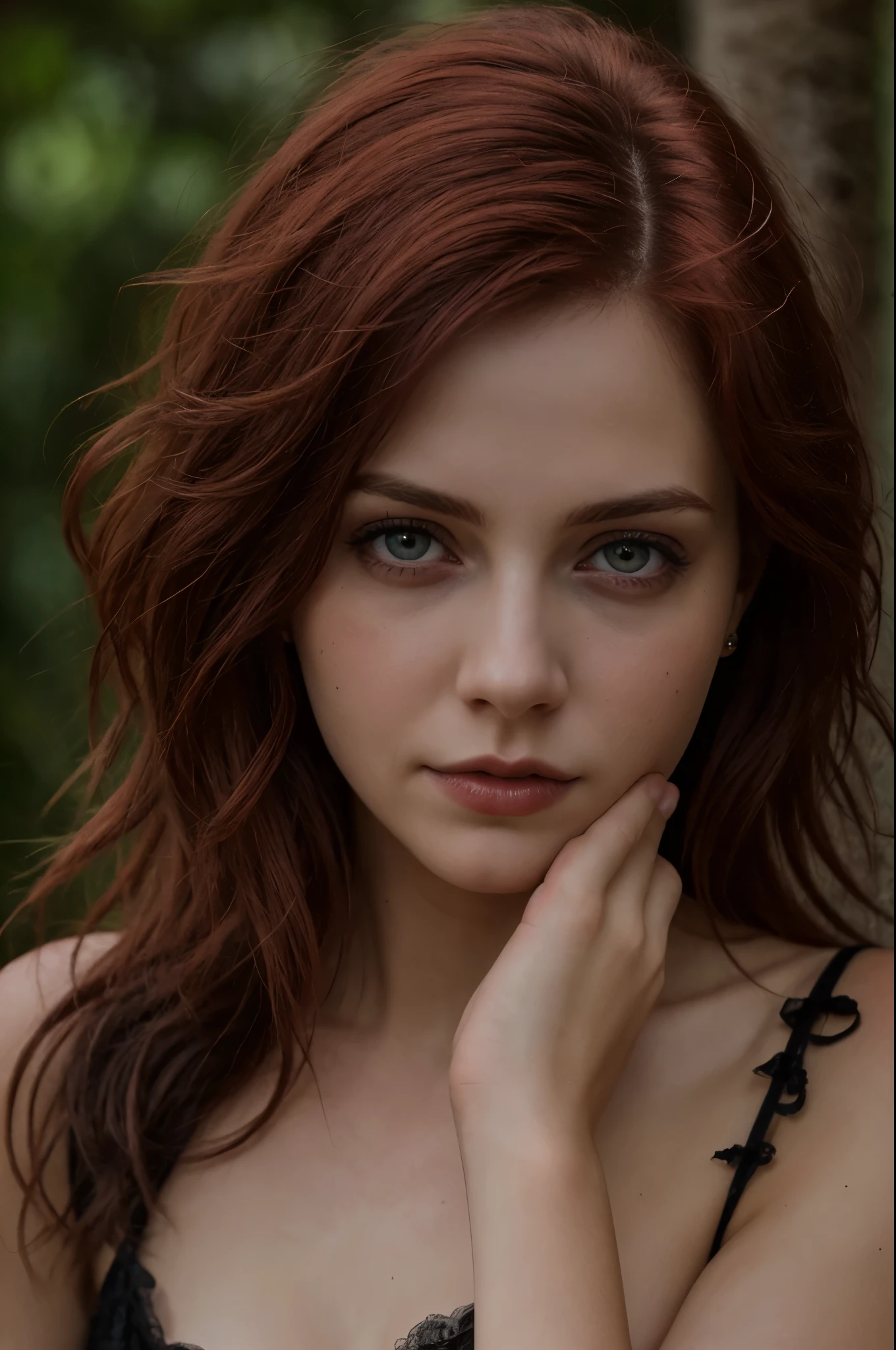 (Realisttic:1.2), analog photo style, cute woman with short black-red hair, red eyes, (Gloomy and dark atmosphere), soft natural light, faded colours, sexy, great quality, Masterpiece, detailed fantasy background, better performance, 16k quality, HDR, RAW photo