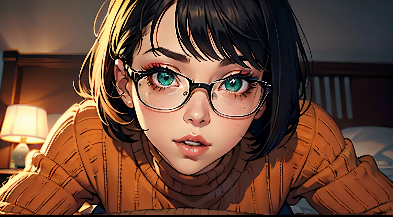 HD, 8k quality, masterpiece, Velma, dream girl huge tits, beautiful face, kissing lips, short bob hairstyle, long bangs, perfect makeup, realistic face, detailed eyes, green eyes, brunette hair, eyelashes, slightly open mouth, bedroom, lying on bed, showing cameltoe, eyes at viewer, orange knitted turtle neck sweater, clear lens glasses, red school girl skirt,