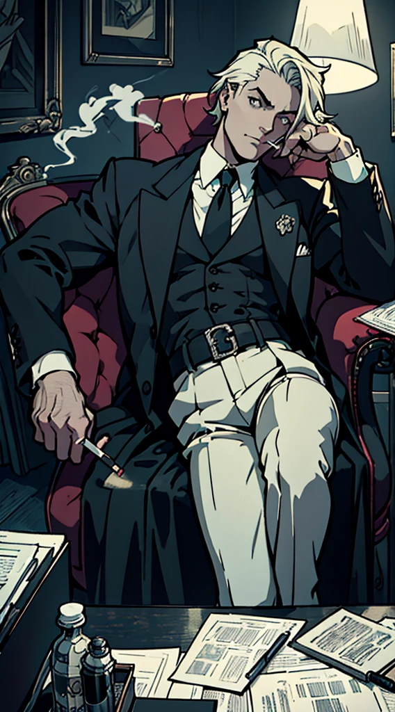 private investigator, legs on desk, smoking a cigarette, leaning back in chair, anime, monochrome, Art Deco, Gothic art, anime style, anatomically correct, masterpiece, high details, high quality, beautifully detailed eyes, captivating gaze, skillfully executed lighting, studio lighting techniques bringing out the man's features and the overall mood of the scene