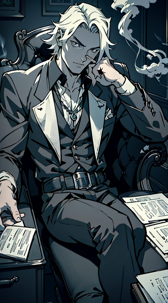 private investigator, legs on desk, smoking a cigarette, leaning back in chair, anime, monochrome, Art Deco, Gothic art, anime style, anatomically correct, masterpiece, high details, high quality, beautifully detailed eyes, captivating gaze, skillfully executed lighting, studio lighting techniques bringing out the man's features and the overall mood of the scene