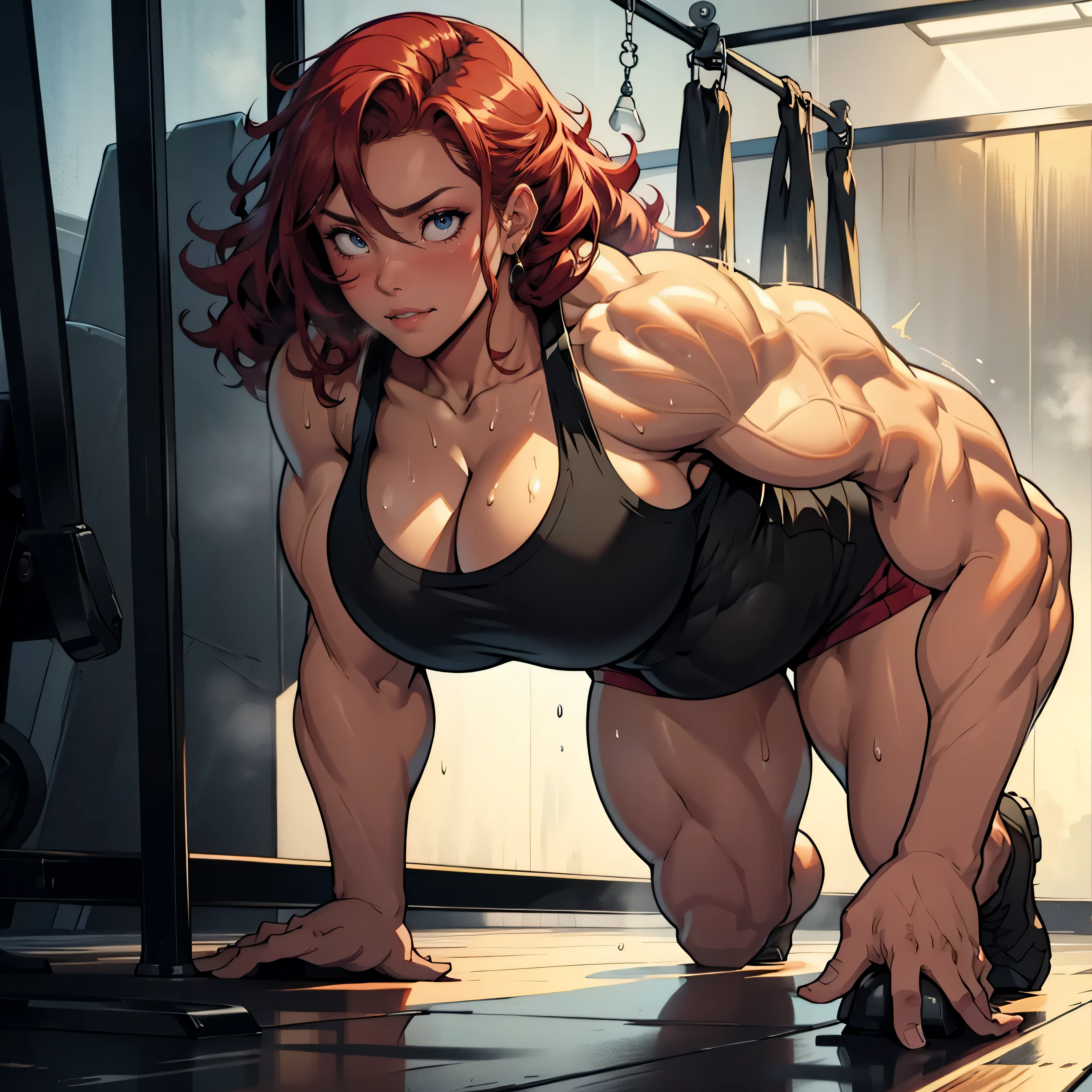 Best quality, solo woman, chubby physique, (((huge breasts))) pretty, (doing a push-up) sweaty and wet, mid length curly pretty red hair, black workout clothes, full lips, seductive, mature, ((((huge muscles))))