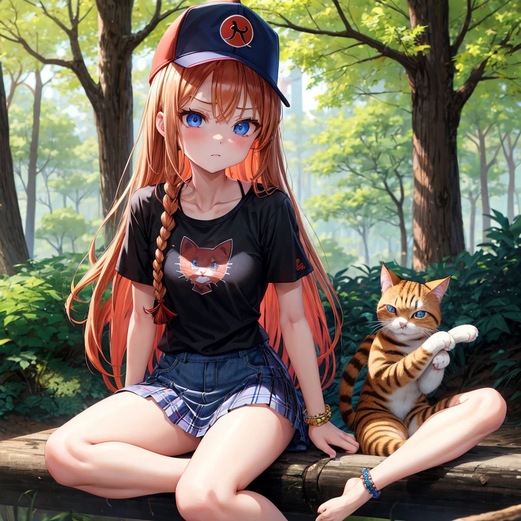 red blonde、blue eyess、Braids、one good looking girl、独奏、animesque、Plaid miniskirt、Black T-shirt、camisole、the woods、Sunlight、sitting on、wearing a baseball cap、bare-legged、small bracelet、Tilting your face、Hugging a cat、glaring