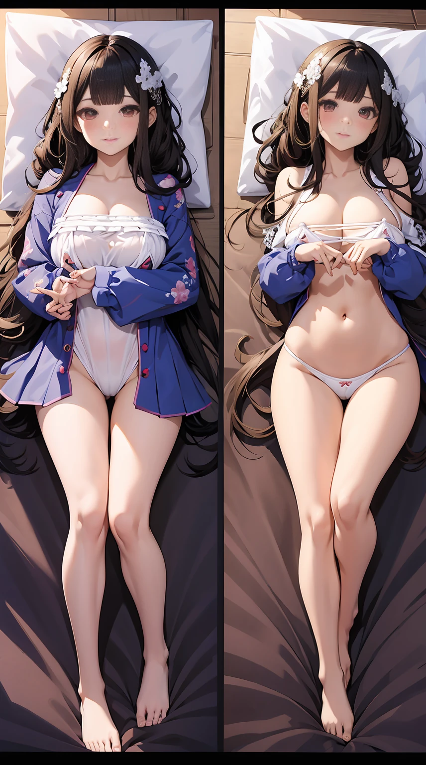 tmasterpiece、full-body view,RAW photogr,Background with((Bedrooms, Lie down in bed))、(pillowslip), (dakimakura), student、A beautyful girl、ssmile,A blonde、Colossal titikini with detailed embroidery,sexyposture、perspired、Wet hair,Barefoot
