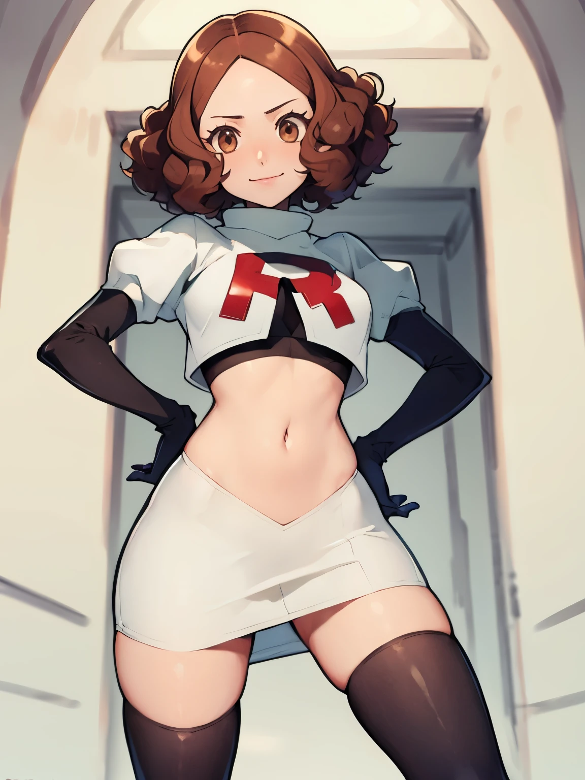 haru okumura, (brown eyes:1.5), brown hair, short hair, glossy lips, team rocket uniform, white jacket, white skirt, pencil skirt, miniskirt, black thighhigh boots, black elbow gloves, hand on hip, midriff, red letter "R", evil smile