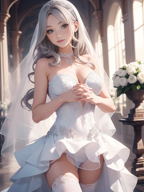 silber hair,butterflys,Long grey hair,Light pink wedding dresses,8k wallpaper,detailedbackground,Highest high resolution,Deep V Big,Hair covering one eye,Bandeau Wedding Dress,chies,white roses and pale pink roses,tight fitted,Stockings,(((perfect and cute hands)))