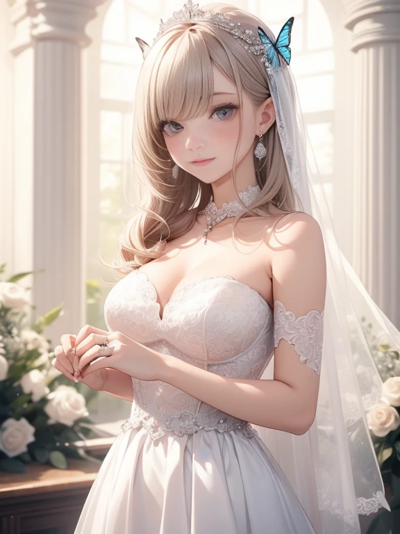 silber hair,butterflys,Long grey hair,Light pink wedding dresses,8k wallpaper,detailedbackground,Highest high resolution,Deep V Big,Hair covering one eye,Bandeau Wedding Dress,chies,white roses and pale pink roses,tight fitted,Stockings,(((perfect and cute hands)))