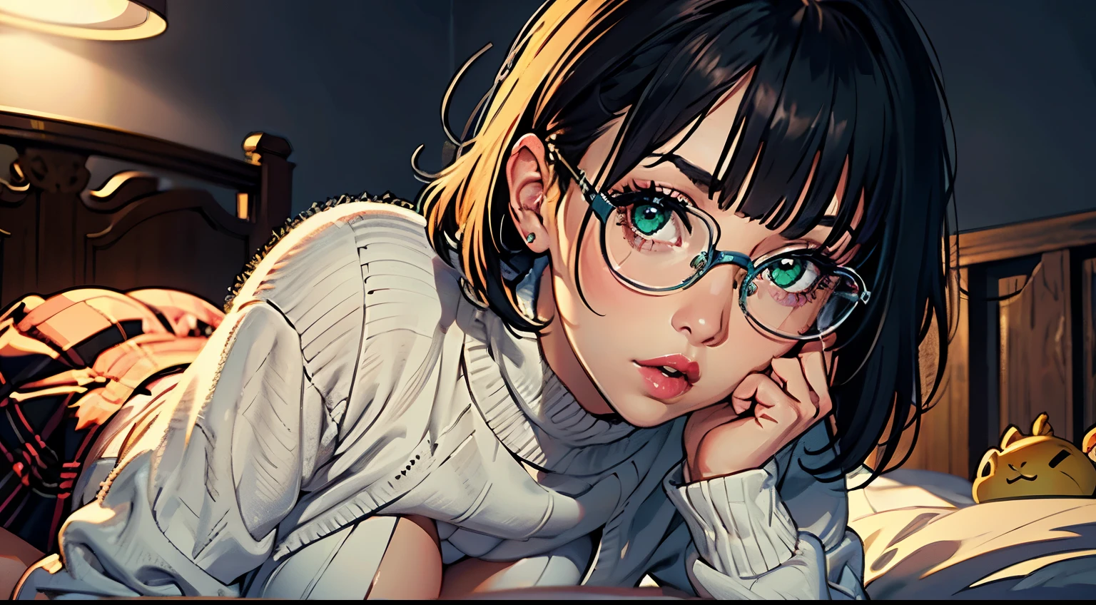 HD, 8k quality, masterpiece, Velma, dream girl huge tits, beautiful face, kissing lips, short bob hairstyle, long bangs, perfect makeup, realistic face, detailed eyes, green eyes, brunette hair, eyelashes, slightly open mouth, bedroom, lying on bed, showing cameltoe, eyes at viewer, orange knitted turtle neck sweater, clear lens glasses, red school girl skirt,