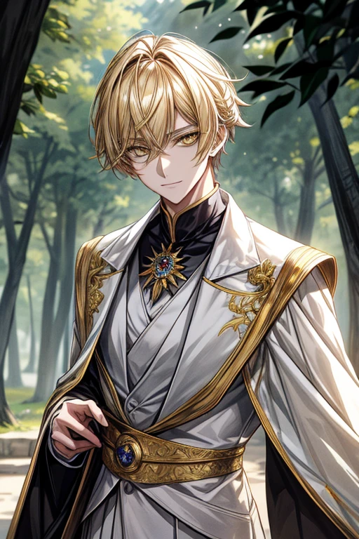 ((masterpiece:1.2、top-quality))、1male people、short straight dark yellow hair、Yellow eyes(a handsome:1.4)、long eyelashes、white suit、Fantasia、校服、royalty、the woods、blooming flowers、sunlights、Fantastic Light and Shadow、landscapes、extra detailed face、Invincible smile、Depiction in motion、Tホテルのmasterpiece,best qualtiy,1 male,As-、Dark yellow hair straight and short,The shirt, seminude、アニメa handsomeな男,Wearing strict princely attire, white and golden prince costume, a handsomeなアニメのポーズ, a handsomeな見事なリアルな,Eyes are yellow、