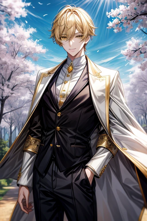((masterpiece:1.2、top-quality))、1male people、short straight dark yellow hair、Yellow eyes(a handsome:1.4)、long eyelashes、white suit、Fantasia、校服、royalty、the woods、blooming flowers、sunlights、Fantastic Light and Shadow、landscapes、extra detailed face、Invincible smile、Depiction in motion、Tホテルのmasterpiece,best qualtiy,1 male,As-、Dark yellow hair straight and short,The shirt, seminude、アニメa handsomeな男,Wearing strict princely attire, white and golden prince costume, a handsomeなアニメのポーズ, a handsomeな見事なリアルな,Eyes are yellow、
