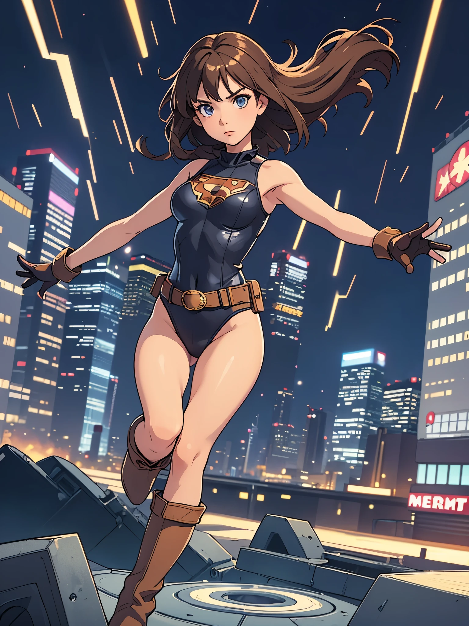 1girl, medium breasts, leotard, bare legs, tight belt, boots, matching boots, gloves, city backdrop, solo, single, outstretched arms, standing, full body shot, cowboy shot, superhero, beautiful detailed eyes, mature lady, star symbol on chest, brown hair, high leg leotard, spinning like a tornado