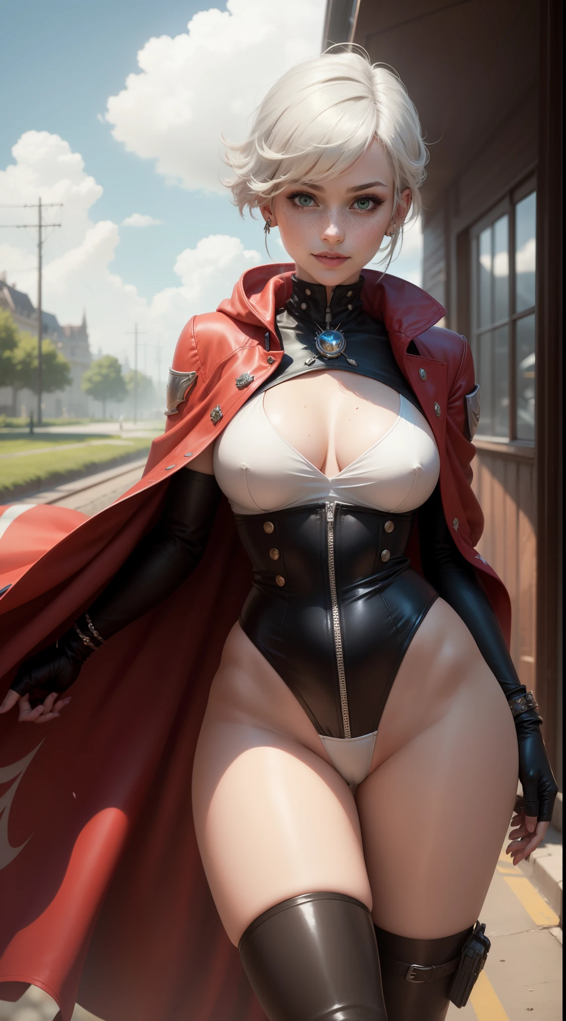 gwen tennyson,1girl,tracer,rebecca chambers, yorha 2b,overwatch,nier automata,close up,meadow valley,tattoos,red and white plugsuit,white short sleeve knight leotard,steel embroidery knight jacket,black tight lycra micro skirt,harness corset,short hair,punk makeup,green eyes,multicolored silver hair,long dress train,sexy smile,freckles,beautiful girl, thigh high pilot boots,large breasts,8k,ultra detailed,realistic,fantasy art,pilot uniform,crystal pin,ear piercings,crystal hand and neck jewelry,(weather:windy),long scarlet knight cloak,holding a crystal spear,flower petals flying,
