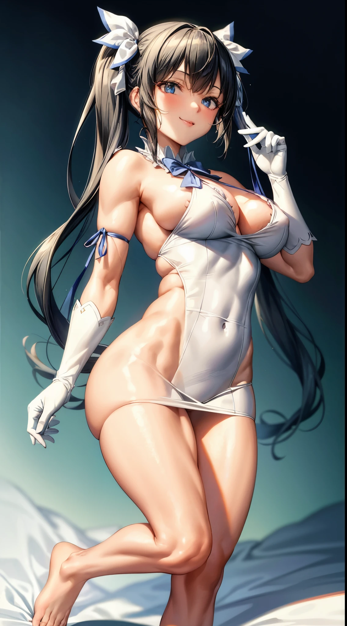 (masterpiece, best quality, extremely detailed CG, beautiful detailed eyes, ultra-detailed, {{{in the motel room}}}, intricate details: 1,2), 8K Wallpaper, elaborate assets, (1girl, alone : 1.4), standing, (anime style textures), very high resolution, (vibrant colors, dynamic lighting: 1.0), (high contrast: 0.8), cookie (Danmachi), breasts, long hair, blue ribbon, (twintails) , gloves, ribbon, dress, king no, himo, big breasts, blue eyes, black hair, (slim), white Gloves, cleavage, white dress, hair ribbon, bow, sleeves, sleeves dress, fringe, cropped neckline, ornament hair, bow tie, cutout clothes, very long hair, level dress, arm ribbon, (full body: 1.1), smile, cute, muscular legs, muscular belly, pants, stand, barefoot