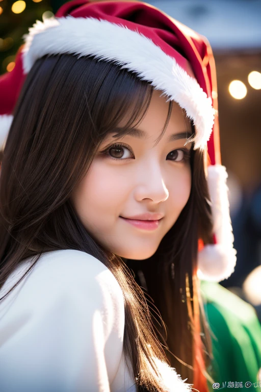 (((Santa Claus Costume))),(((Looking at Viewer:1.5))),(((Shooting a girl from the side))),ulzzang -6500-v1.1, (Raw photo:1.2), (photographrealistic:1.4), a beautiful detailed girl, extremely detailed eye and face, Beautiful detailed eyes, Ultra-detailed, High resolution, top-quality, ​masterpiece, Highly detailed, 8K Wallpaper, Wonderful, finely detail, top-quality, Light on the Face,电影灯光,1girl in,(Christmas market in Stuttgart),Beautiful eyes,Smile,Opening Mouth