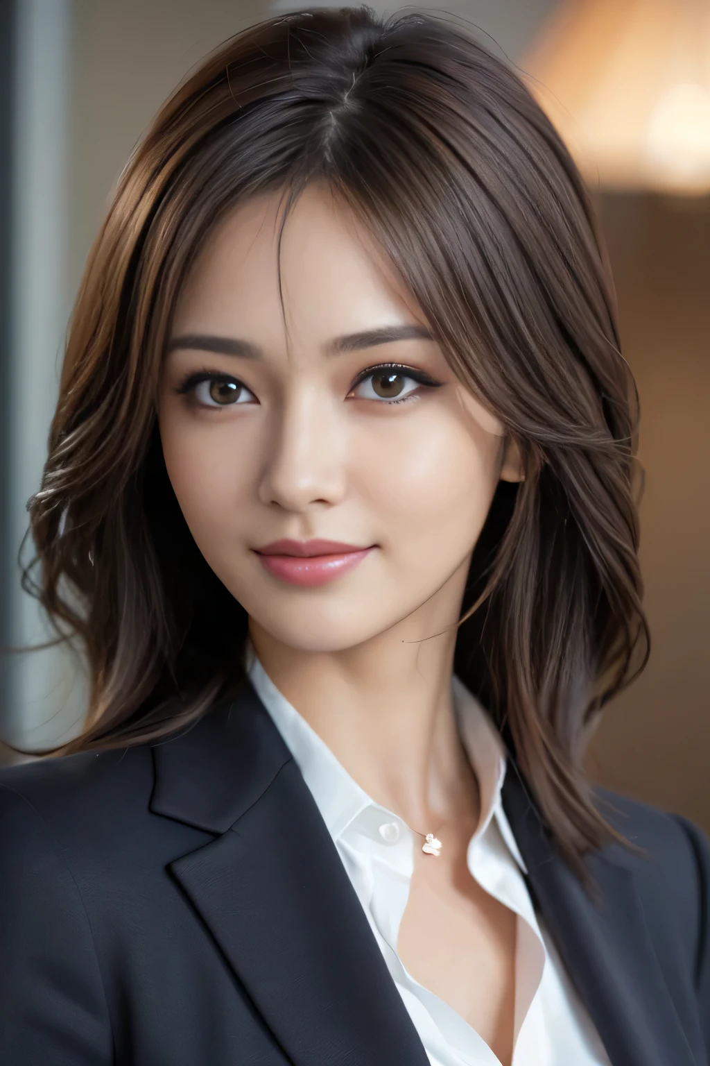 masutepiece, Best Quality, Photorealistic, Ultra-detailed, finely detail, High resolution, 8K Wallpaper, 1 beautiful woman,, light brown messy hair, in a business suit, foco nítido, Perfect dynamic composition, Beautiful detailed eyes, detailed hairs, Detailed realistic skin texture, Smiling, Close-up portrait, Model body type