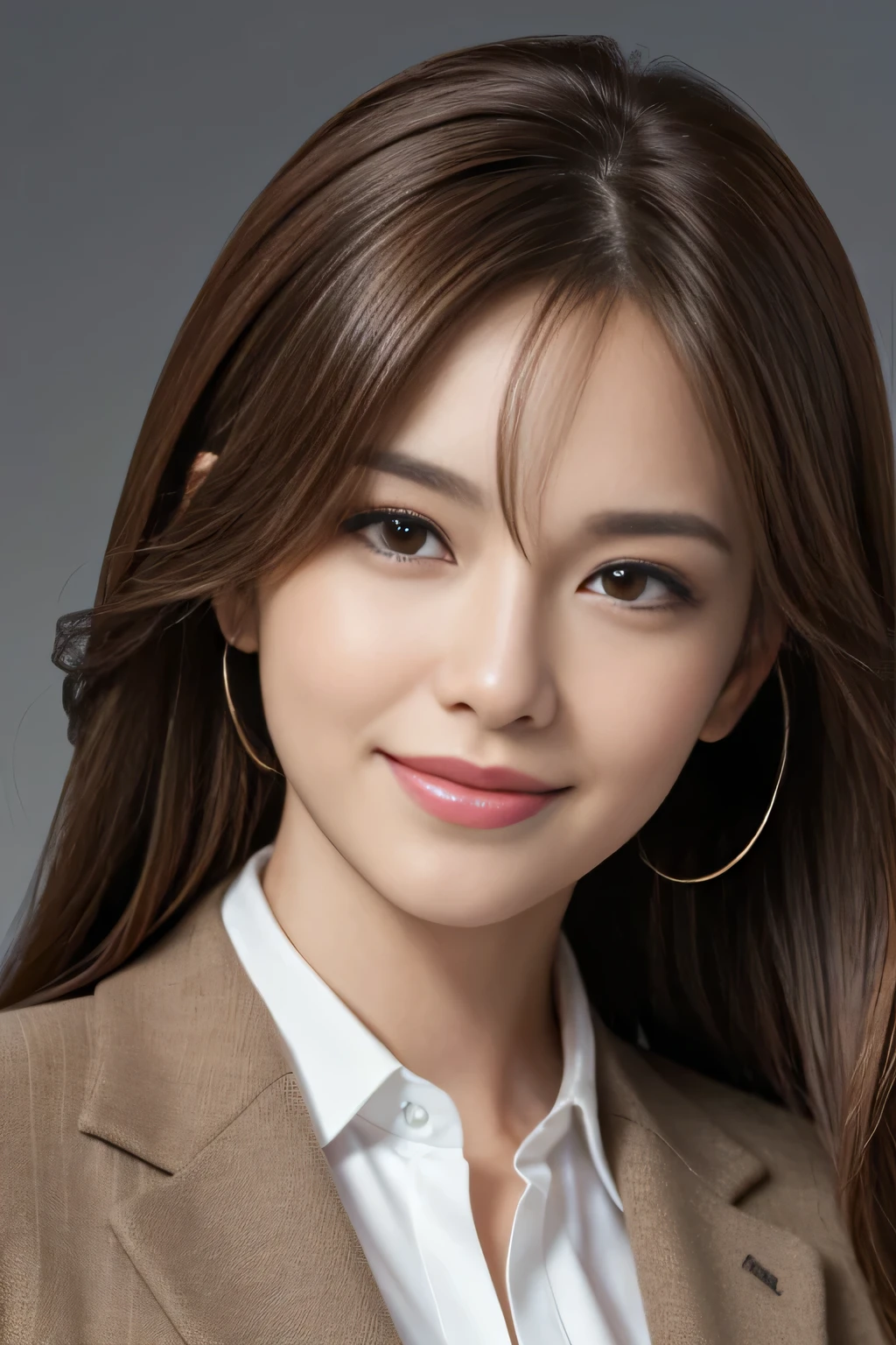 masutepiece, Best Quality, Photorealistic, Ultra-detailed, finely detail, High resolution, 8K Wallpaper, 1 beautiful woman,, light brown messy hair, in a business suit, foco nítido, Perfect dynamic composition, Beautiful detailed eyes, detailed hairs, Detailed realistic skin texture, Smiling, Close-up portrait, Model body type