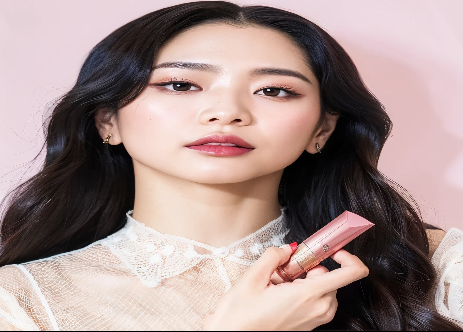 a close-up of a woman holding a lipstick in her hand, maquiagem sul-coreana popular, maquiagem coreana popular, Retrato Jisoo Blackpink, jisoo do blackpink, Jisoo do Blackpink, Hwang SE - EM, Lee Ji-eun, Lee Ji - Eun, Mulher sul-coreana bonita, Atriz coreana bonito, Batom rosa, inspirado em Tang Sin Yun Sandara, Jinyoung Canela