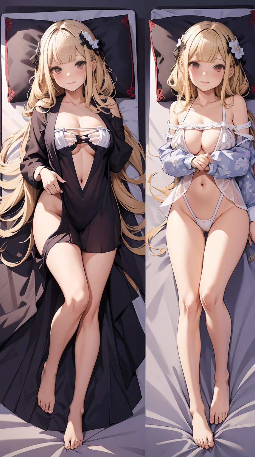 tmasterpiece、full-body view,RAW photogr,Background with((Bedrooms, Lie down in bed))、(pillowslip), (dakimakura), student、A beautyful girl、ssmile,A blonde、Colossal titikini with detailed embroidery,sexyposture、perspired、Wet hair,Barefoot