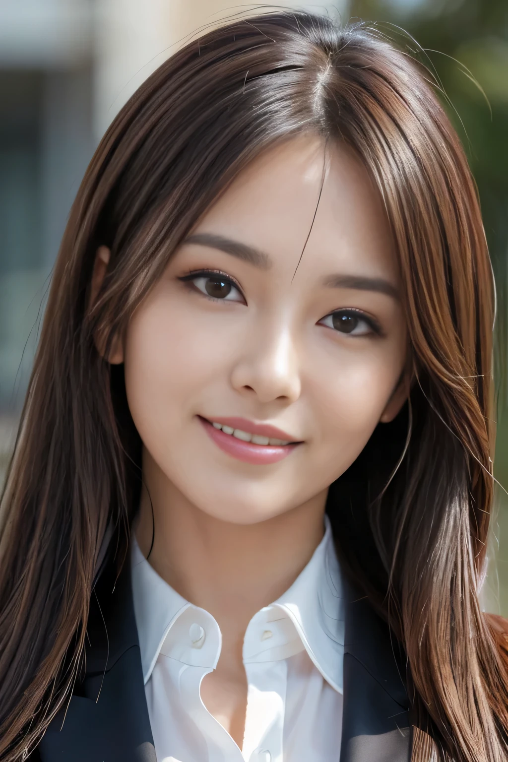 masutepiece, Best Quality, Photorealistic, Ultra-detailed, finely detail, High resolution, 8K Wallpaper, 1 beautiful woman,, light brown messy hair, in a business suit, foco nítido, Perfect dynamic composition, Beautiful detailed eyes, detailed hairs, Detailed realistic skin texture, Smiling, Close-up portrait, Model body type