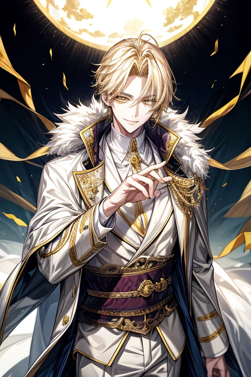 ((masterpiece:1.2、top-quality))、1male people、short straight dark yellow hair、Yellow eyes(a handsome:1.4)、long eyelashes、white suit、Fantasia、校服、royalty、the woods、blooming flowers、sunlights、Fantastic Light and Shadow、landscapes、extra detailed face、Invincible smile、Depiction in motion、Tホテルのmasterpiece,best qualtiy,1 male,As-、Dark yellow hair straight and short,The shirt, seminude、アニメa handsomeな男,Wearing strict royal attire, white and gold royal costume, a handsomeなアニメのポーズ, a handsomeな見事なリアルな,Eyes are yellow、Center division、Forehead、A sexy、