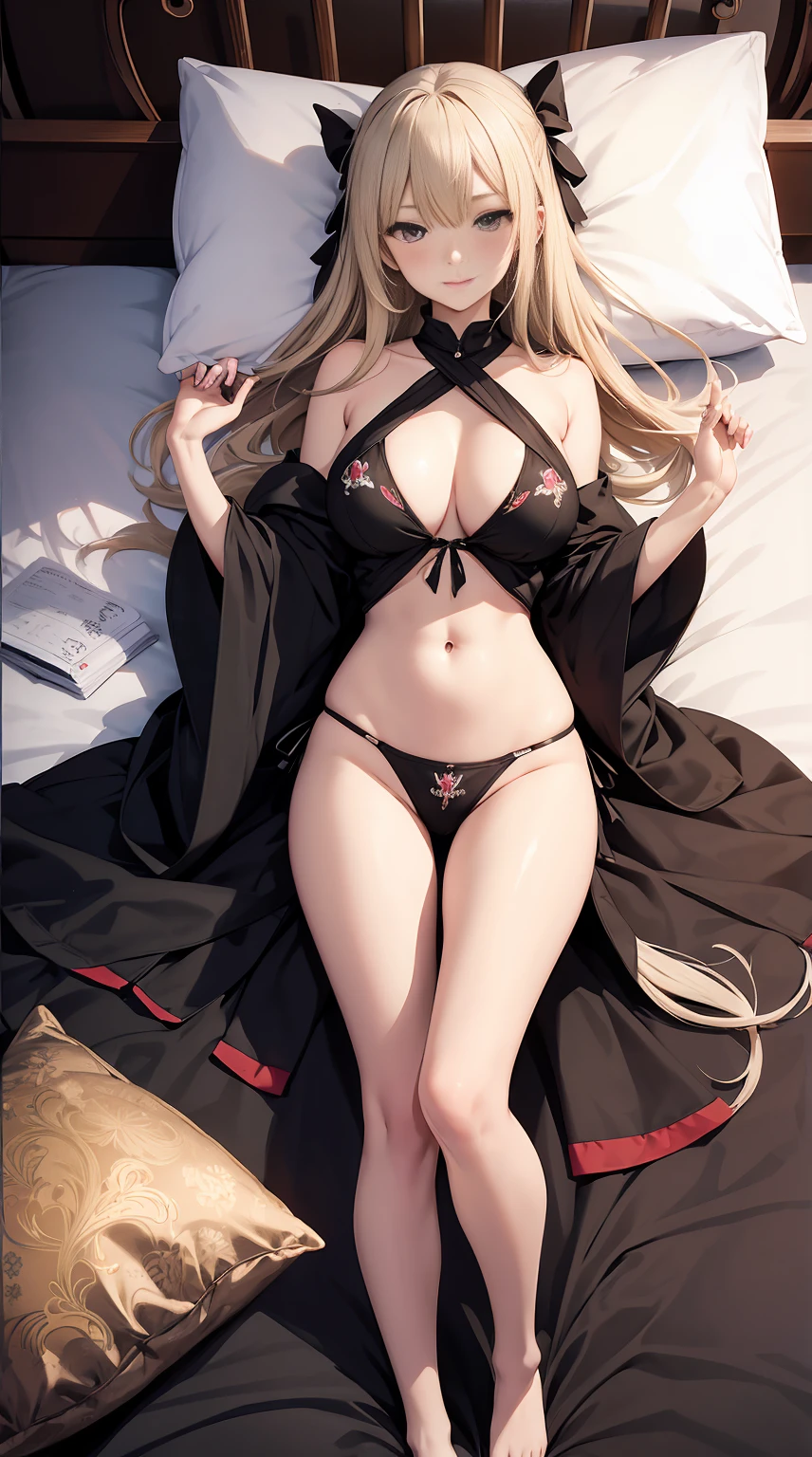 tmasterpiece、full-body view,RAW photogr,Background with((Bedrooms, Lie down in bed))、(pillowslip), (dakimakura), student、A beautyful girl、ssmile,A blonde、Colossal titikini with detailed embroidery,sexyposture、perspired、Wet hair,Barefoot