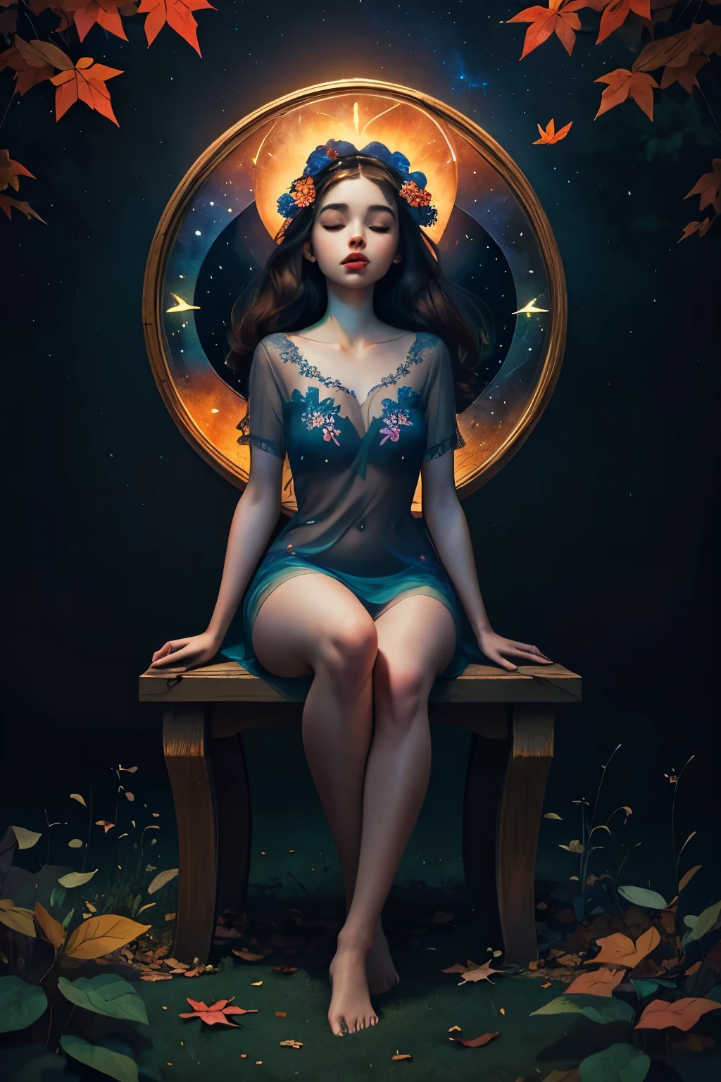 masterpiece), best quality, expressive eyes, perfect face, highly detailed, high resolution, beautiful, (masterpiece), best quality, expressive eyes, perfect face, 1 sexy girl dressed in forest, flowers, leaves, mandalas, fractal, Sleeping Beauty, by Bella🦋 full body, beautiful girl sleeping, room with mirror, girl sleeping in bed and sheets, old clock and lamp on the table, full body, black hair,  clothes, , view of pubic hair, 1 sexy girl in  forest clothes,  breasts, open  t-shirt, mandala and flower tattoos, best quality, masterpiece, illustration, very delicate and beautiful, highly detailed, CG, Unity, 8k wallpaper, huge file size, very wide lens, soft lighting, Sleeping Beauty, by Bella🦋 full body, beautiful sleeping girl, full body, slight smile, , view of pubic hair,  showing , beautiful ,  with soft hairs , eyes closed, Latin girl sitting on a park bench, girl sitting on a garden bench, oil painting, Latin tanned skin, full moon night sky, falling autumn leaves, autumn leaves in the wind, black hair and brown, long hair floating in the wind, girl looking at an old clock, ,(( Felicity Jones)), (sensual), (Extremely beautiful), (:1.2), (sublime:1.0), (Extremely sensitive:1.0 ), (wise and understanding: 1.2), (feminine: 1.2), (complex: 1.2), (masterpiece). ),Extremely detailed, hyper-realistic, deep shadows and bright highlights, perfectly detailed face, (), (accentuated curves), slim build, perfect slim thighs, perfect feet, full body shown, (high quality), (extremely delicate and beautiful), (natural postures, natural expression), (skin teeth), (realistic shiny hair, realistic shiny skin, 