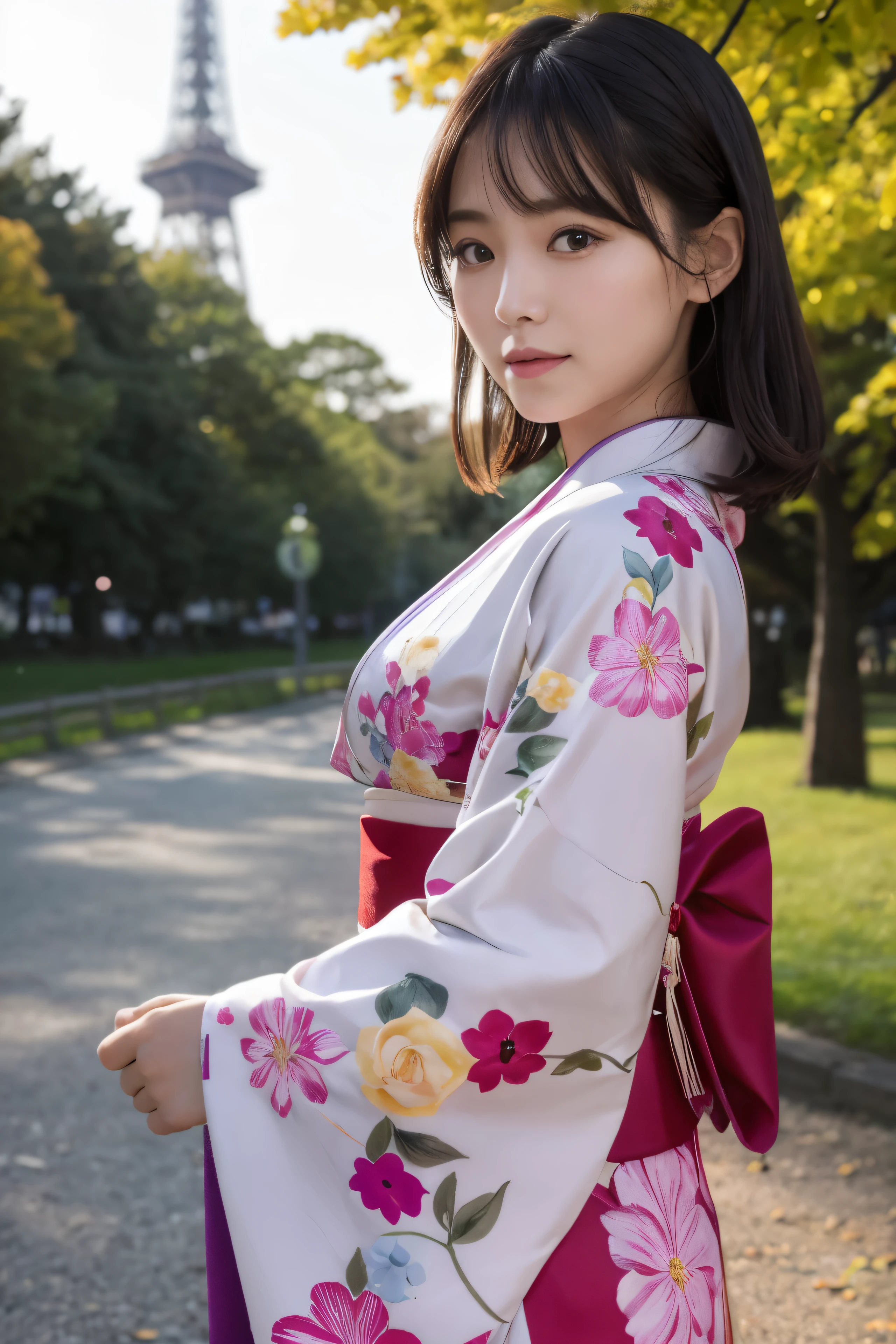 (Kimono)、ピンク色のKimono,top-quality,​masterpiece:1.3,超A high resolution,),(ultra-detailliert,Caustics),(Photorealsitic:1.4,RAW shooting,)Ultra-realistic capture,A highly detailed,high-definition16Kfor human skin、 Skin texture is natural、、The skin looks healthy with an even tone、 Use natural light and color,One Woman,japanes,,kawaii,A dark-haired,Middle hair,(depth of fields、chromatic abberation、、Wide range of lighting、With the Tower of the Sun in Osaka Expo Park in the background，Under the sparkling sun，