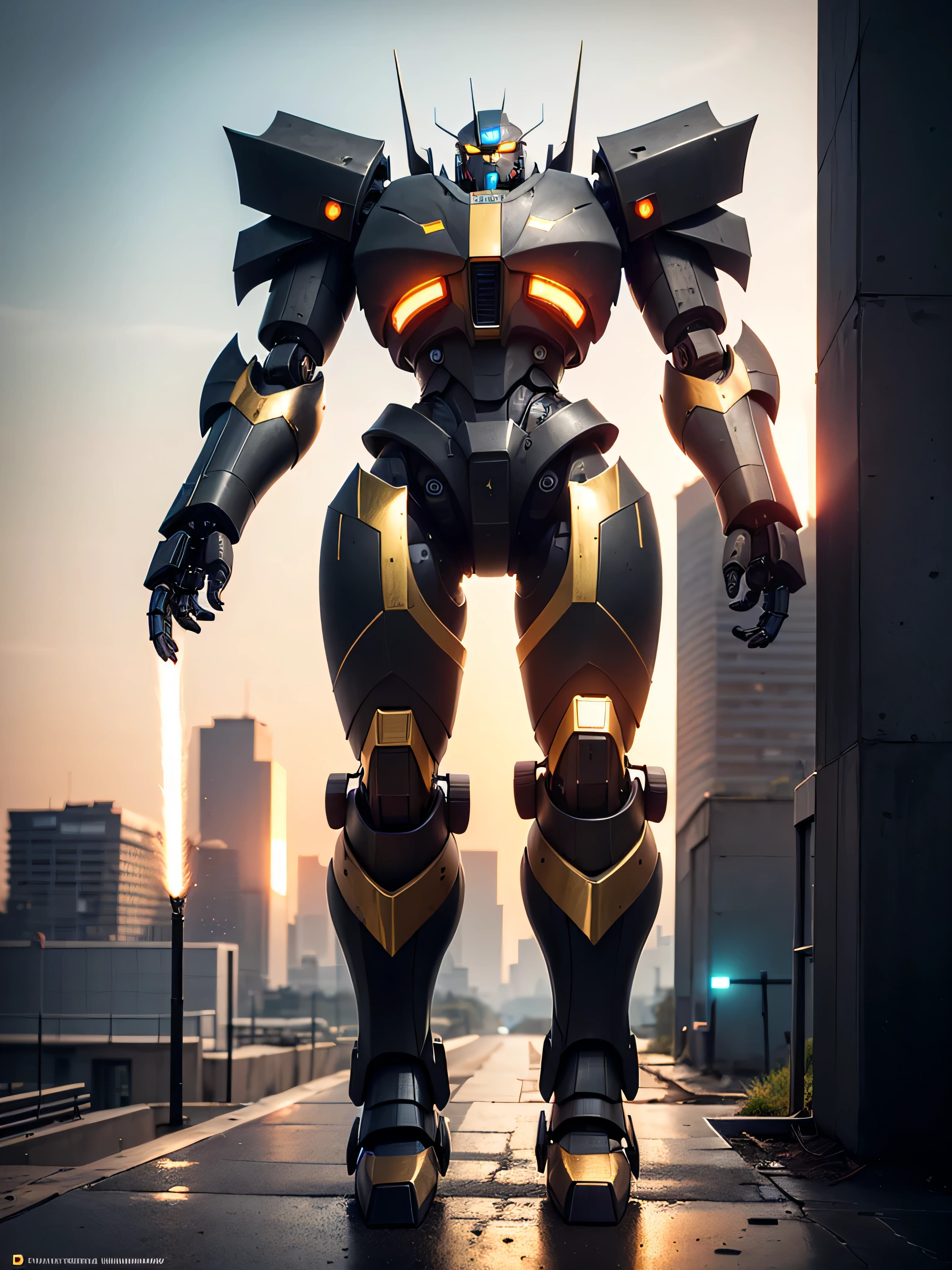((best quality: 1.5)) ((masterpiece: 0.8)), intricate details, sharp focus, professional, photorealistic, real life, ((((gigantic mecha titan, (cylinder arm weapon))))) bright glow, in the style of realistic and hyper detailed renderings, zbrush, hyper realistic oil, contoured shading, solo, BREAK; BREAK ((((forgotten war city, concrete crater)))), ((fujicolor)), BREAK; BREAK ((((futuristic (matte black armor, iridescent gold accent, ((glowing cybernetics, full-body view)))), photorealistic, hyper-realistic)))
