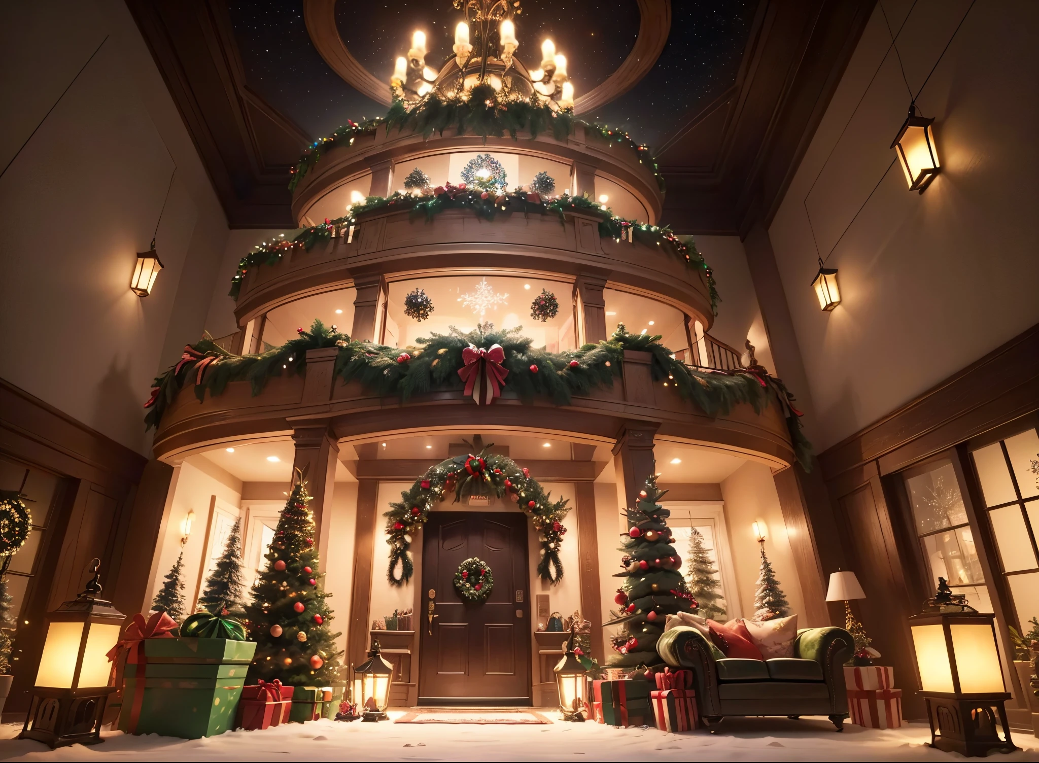 ultra real photo, tmasterpiece, Best quality, ultra - detailed, 超高分辨率, RAW photos,(Christmas living room),(圣诞豪华Decorative style),A fusion of gorgeous Christmas elements and symmetry,落地窗充满温暖的圣诞lamplight。Beautiful Christmas furniture is placed in the center,Includes comfortable Christmas style sofa and chairs,Mild color。(Huge Christmas artwork hanging on the wall),old color,(Christmas unique style)。(墙壁Decorative style以圣诞元素Decorative style,The fireplace is warm、Lanterns hanging on the stairs、Colorful gifts wrapped under the Christmas tree、The floor is piled with gifts、wooden floor、Decorative style的松树、镶wooden floor、Manta ray and green、Christmas atmosphere、传统的Christmas atmosphere、Merry Christmas、gift tags、Christmas wreath、Decorative style、metal ribbon、Christmas tree lights、Candy and Snacks,Gingerbread Man,lamplight),Complements the mirror wall,Broaden the sense of space。(Ornate ceiling design with Christmas elements,悬挂的圣诞彩灯Decorative style让房间充满温暖, Soft lighting)。European Christmas style living room,ultra real photo,Extremely detailed and highest quality CG Unity 8K wallpapers
