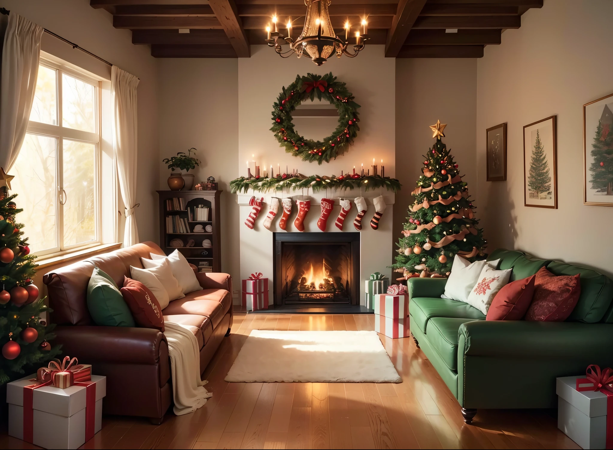 ultra real photo, tmasterpiece, Best quality, ultra - detailed, 超高分辨率, RAW photos,(Christmas living room),(圣诞豪华Decorative style),A fusion of gorgeous Christmas elements and symmetry,落地窗充满温暖的圣诞lamplight。Beautiful Christmas furniture is placed in the center,Includes comfortable Christmas style sofa and chairs,Mild color。(Huge Christmas artwork hanging on the wall),old color,(Christmas unique style)。(墙壁Decorative style以圣诞元素Decorative style,The fireplace is warm、Lanterns hanging on the stairs、Colorful gifts wrapped under the Christmas tree、The floor is piled with gifts、wooden floor、Decorative style的松树、镶wooden floor、Manta ray and green、Christmas atmosphere、传统的Christmas atmosphere、Merry Christmas、gift tags、Christmas wreath、Decorative style、metal ribbon、Christmas tree lights、Candy and Snacks,Gingerbread Man,lamplight),Complements the mirror wall,Broaden the sense of space。(Ornate ceiling design with Christmas elements,悬挂的圣诞彩灯Decorative style让房间充满温暖, Soft lighting)。European Christmas style living room,ultra real photo,Extremely detailed and highest quality CG Unity 8K wallpapers