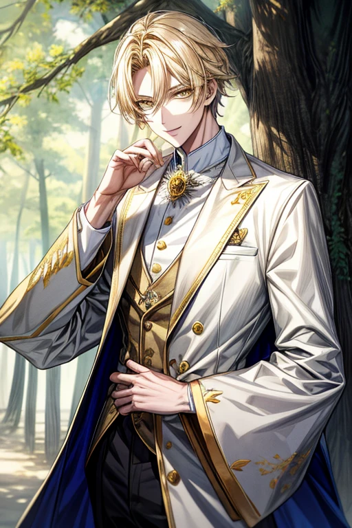 ((masterpiece:1.2、top-quality))、1male people、short straight dark yellow hair、Yellow eyes(a handsome:1.4)、long eyelashes、white suit、Fantasia、校服、royalty、the woods、blooming flowers、sunlights、Fantastic Light and Shadow、landscapes、extra detailed face、Invincible smile、Depiction in motion、Tホテルのmasterpiece,best qualtiy,1 male,As-、Dark yellow hair straight and short,The shirt, seminude、アニメa handsomeな男,Wearing strict royal attire, white and gold royal costume, a handsomeなアニメのポーズ, a handsomeな見事なリアルな,Eyes are yellow、Center division、Forehead、A sexy、
