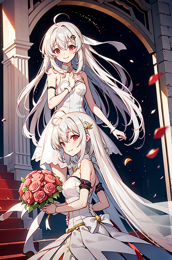 masutepiece, Best Quality, hight resolution, 1girl Ninim Rayleigh'Ahoge with bouncing hair, bare shoulders, weddingdress,veils,holding the bouquet with both hands,chies,chapel,red blush,A smile