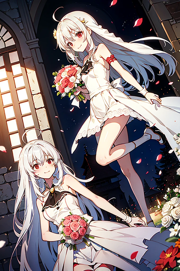 masutepiece, Best Quality, hight resolution, 1girl Ninim Rayleigh'Ahoge with bouncing hair, bare shoulders, weddingdress,veils,holding the bouquet with both hands,chies,chapel,red blush,A smile