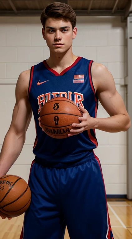Peter Parker basketball, , military haircut, dark brown hair, intense blue eyes, intense gaze, affiliated features, no facial hair, height 1.83, weight 80 kg, muscular build, broad shoulders, V-shaped body , full body focus, completely hairless,