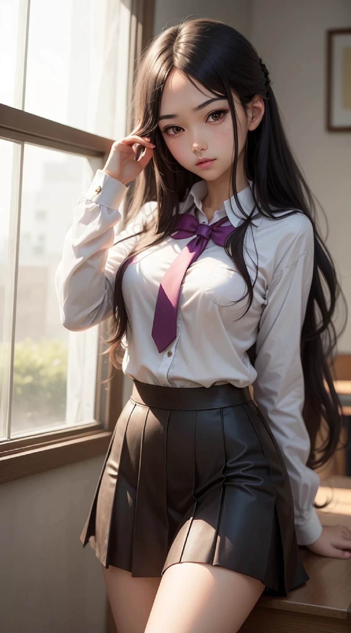 ((8k, RAW photo, top quality, masterpiece), HD RAW color photo professional close-up photo, (realistic, realistic: 1.37), (highest quality), (best shadow), (best illustration), collarbone ((large)), (pornographic, sexy, super high resolution, HD CG unified 8K wallpaper, physically based rendering, cinematic lighting), (aegyo sal: 1), 18-year-old girl, ((gray blazer, ribbon, white flesh tights, High School Uniform: 1.2))), High School Classroom, Beautiful Detailed Eyes, Light on Face, ((Full Body Shot: 1.2)), (No Tilt in Eyes), Smile, ((Oblique Bangs)))), Double Eyelids, Large Eyes of Water Spirit, Earth Red Eye Shadow, (((Eye Tail Deepening))), Lying Silkworm with Sequins, Shiny Skin, (((Long brown hair, Supple double ponytail: 1.2))), (sexy thighs), ulzzang-6500-v1.1: 0.2, shy, (flash: 1.2), NSFW, (puffy), (seductive pose: 1.2, charming: 1.2)), (idle), (sitting at a desk in the classroom: 1.2)), (good anatomy: 1.2)), (bright and refreshing classroom, background blur: 1.2)), perfect face, cute face, (high angle shooting: 1.2)