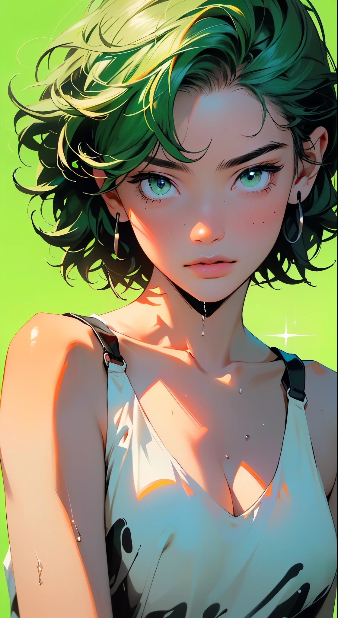 girl youtuber,(((1girl))),((extremely cute and beautiful green curly-haired girl)),

(short breasts:1.4),(((green curly hair:1.35,very curly hair,colored inner hair,ear breathing,short hair))),(((eyes green:1.3))),intricate eyes,beautiful detailed eyes,symmetrical eyes,big eyes:1.3,((fat)),(((lustrous skin:1.5,bright skin: 1.5,skin tanned,shiny skin,very shiny skin,shiny body,plastic glitter skin,exaggerated shiny skin,illuminated skin,wet legs))),detailed body,(detailed face),

cute,slutty,seductive,erotic,(((nsfw))),

zettai ryouiki,revealing clothing,show skin,((rave mini-skirt,visible thong straps,white loose tank top with an pop art print)),((wet clothes,intricate outfit,intricate clothes)),

(dynamic pose:1.0),embarrassed,(centered,scale to fit dimensions,Rule of thirds),

cyberpunk city by the ocean at night, with bright neon signs and dark stormy clouds and puddles, scenery:1.25,

artistic photography,(photography taken by sldr),highres, sharp focus, (ultra detailed, extremely detailed), (photorealistic artwork:1.37),(extremely detailed CG unity 8k wallpaper),((synthwave background theme)),(((vibrant colors))),(intricate background),(masterpiece),(best quality),