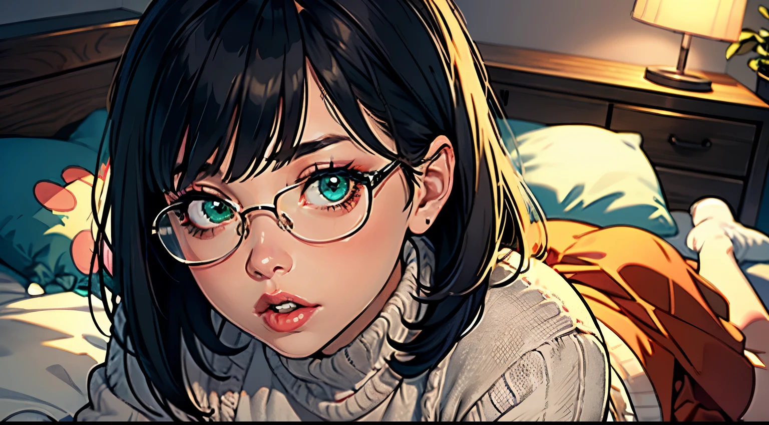 HD, 8k quality, masterpiece, Velma, dream girl huge breasts, beautiful face, kissing lips, short bob hairstyle, long bangs, perfect makeup, realistic face, detailed eyes, green eyes, brunette hair, eyelashes, slightly open mouth, bedroom, laying on bed, eyes at viewer, orange knitted turtle neck sweater, clear lens glasses, red school girl skirt,