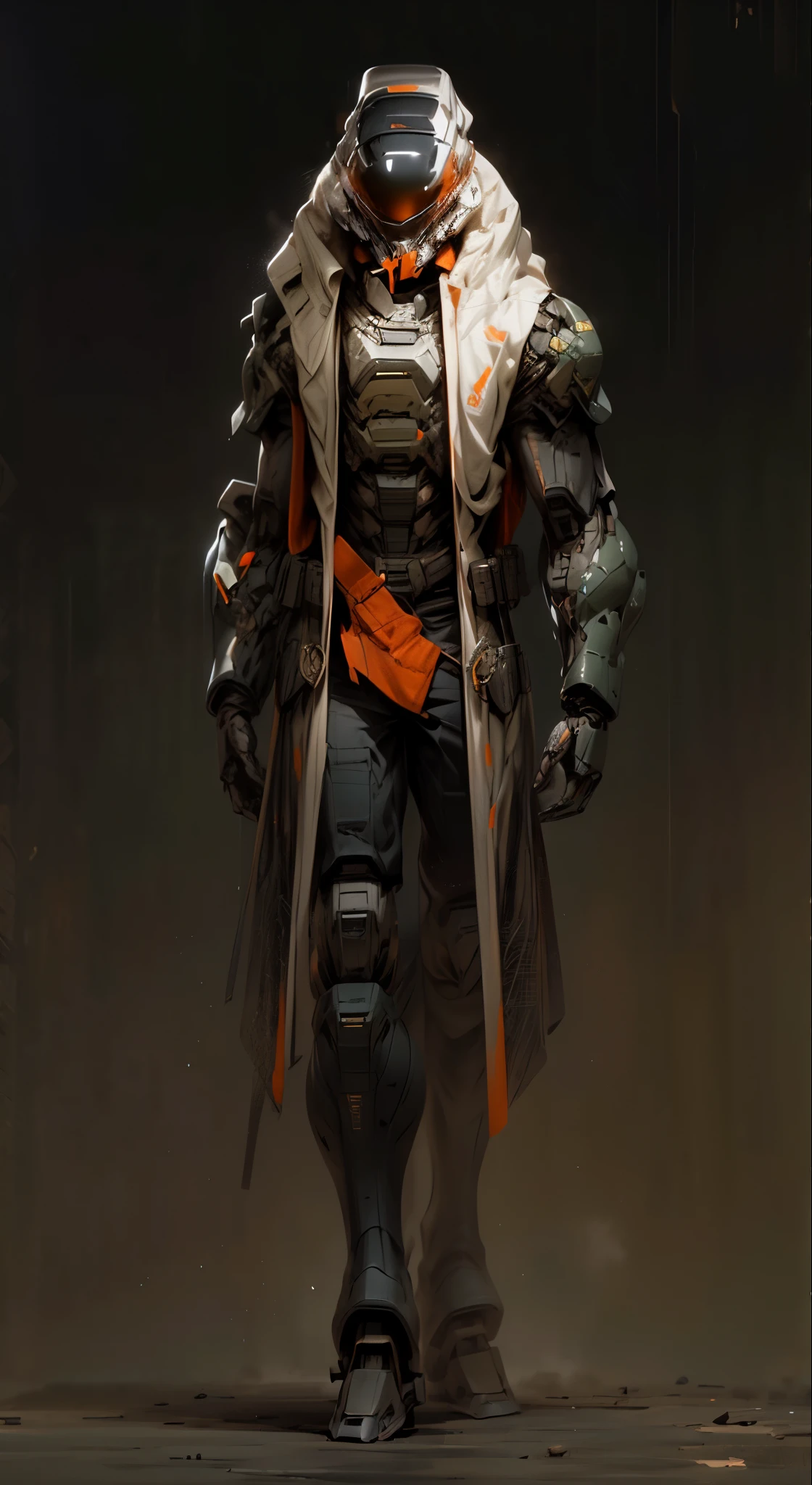 (((An epic and visually stunning digital anime masterpiece featuring a sylphlike masculine ((male:1.5)) decorated military dieselpunk cyborg soldier clad in a sleek yet tactical armored yet decorated leather military trench coat:1.2))), (((flat masculine male chest:1.5, mechanical full head helmet, mecha helmet with a narrow polarized orange visor:1.5))), (((the character adorned in a (scifi tactical armored open front trench coat with a built in exoskeleton) (over a form fitted armor plated yet super sleek and revealing under suit with waist cut outs), the armor plating on the upper arms and shoulders beautifully engraved))):1.4. The image showcases the intricacies of the character’s armor and clothing:1.5, ((capturing their flamboyant essence and heavy mecha aesthetic:1.2)). The character also possesses an androgynous charm, (((with slim yet heavily muscled physique:1.2, sylphlike with a sleek waist, toned yet beautifully sleek cybernetic arms:1.3, mechanical arms and legs:1.3, mecha muscles:1.3))), looking at viewer, (((brass metal armor and brown leather, dieselpunk:1.3))), (((depth of field, cinematic lighting, chromatic aberration, ray tracing, UHD, masterpiece, top of head covered, super detail, high details, high quality, award winning, 8k, highres, halo)))