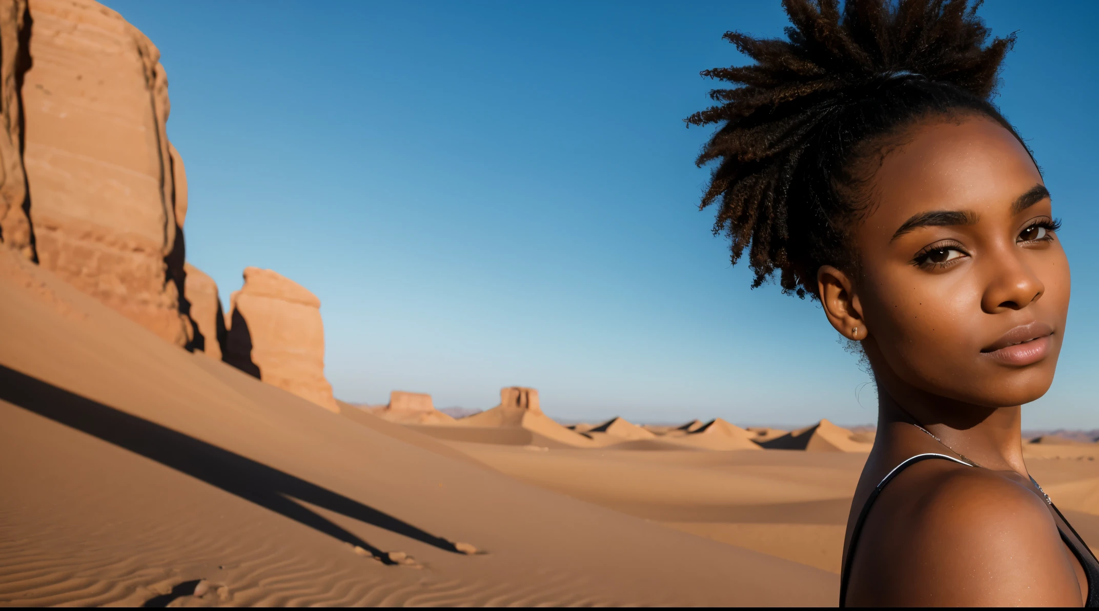 Ultra high definition realistic photo of a beautiful black woman, close up, desert background, 8k, ultra realistic, golden hour, photo of the year, amazing photography, best photo, best quality