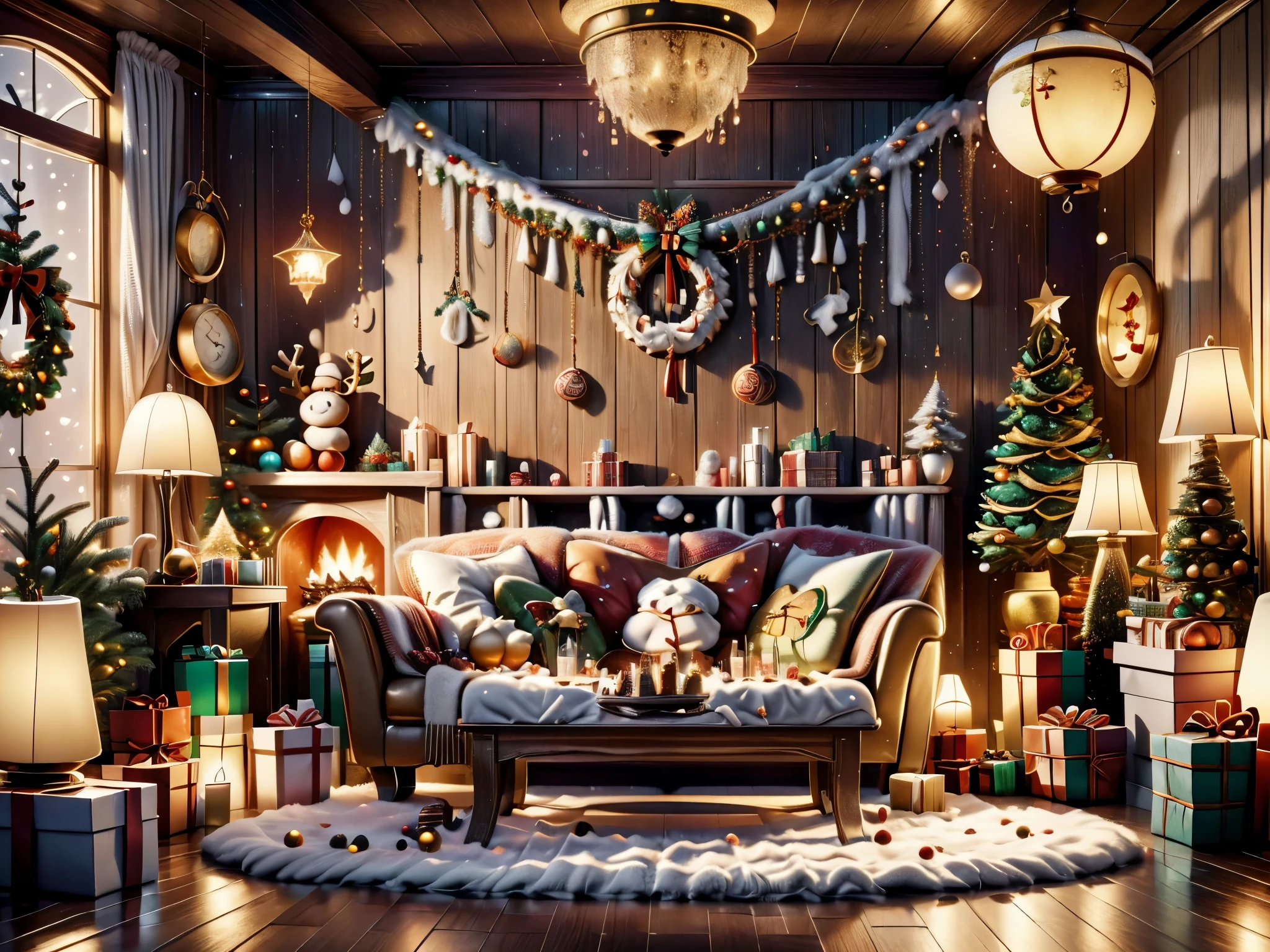 ultra real photo， tmasterpiece， Best quality， ultra - detailed， 超高分辨率， RAW photos，(Christmas living room)，(圣诞豪华Decorative style)，A fusion of gorgeous Christmas elements and symmetry，落地窗充满温暖的圣诞lamplight。Beautiful Christmas furniture is placed in the center，Includes comfortable Christmas style sofa and chairs，Mild color。(Huge Christmas artwork hanging on the wall)，old color，(Christmas unique style)。(墙壁Decorative style以圣诞元素Decorative style，The fireplace is warm、Lanterns hanging on the stairs、Colorful gifts wrapped under the Christmas tree、The floor is piled with gifts、wooden floor、Decorative style的松树、镶wooden floor、Manta ray and green、Christmas atmosphere、传统的Christmas atmosphere、Merry Christmas、gift tags、Christmas wreath、Decorative style、metal ribbon、Christmas tree lights、Candy and Snacks，Gingerbread Man，lamplight)，Complements the mirror wall，Broaden the sense of space。(Ornate ceiling design with Christmas elements，悬挂的圣诞彩灯Decorative style让房间充满温暖, Soft lighting)。European Christmas style living room，ultra real photo，Extremely detailed and highest quality CG Unity 8K wallpapers, sn