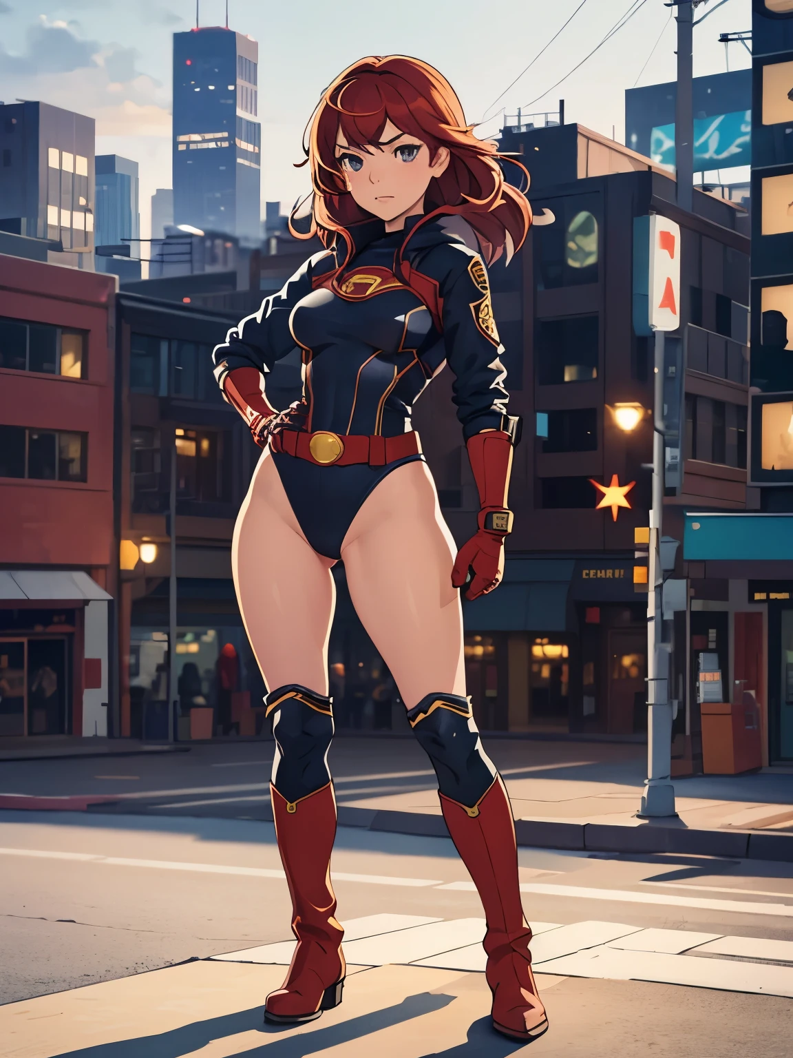 1girl, medium breasts, leotard, bare legs, tight belt, boots, matching boots, gloves, city backdrop, solo, single, hands on hip, standing, full body shot, cowboy shot, superhero, beautiful detailed eyes, mature lady, star symbol on chest, red hair, high leg leotard