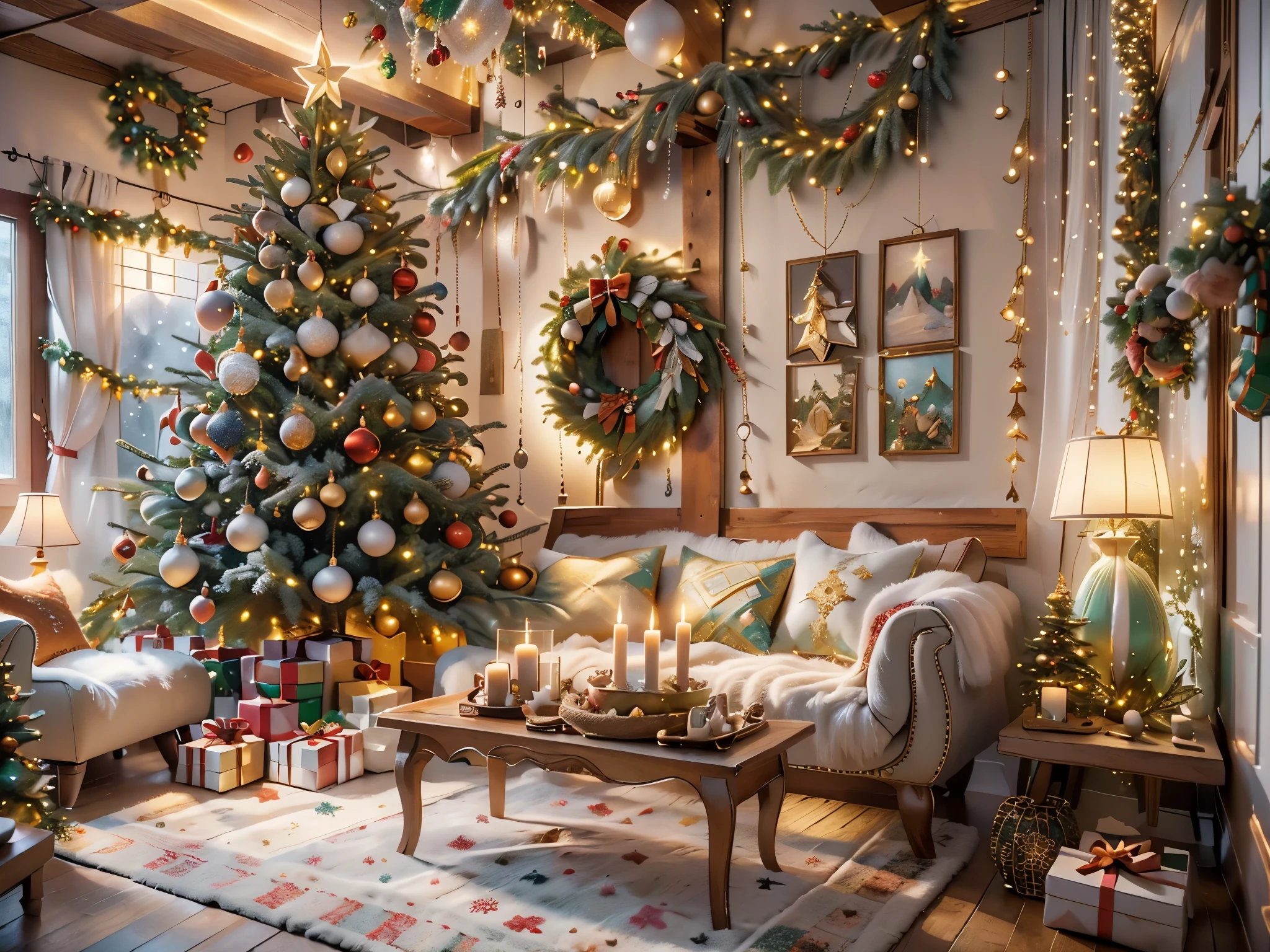 ultra real photo， tmasterpiece， Best quality， ultra - detailed， 超高分辨率， RAW photos，(Christmas living room)，(圣诞豪华Decorative style)，A fusion of gorgeous Christmas elements and symmetry，落地窗充满温暖的圣诞lamplight。Beautiful Christmas furniture is placed in the center，Includes comfortable Christmas style sofa and chairs，Mild color。(Huge Christmas artwork hanging on the wall)，old color，(Christmas unique style)。(墙壁Decorative style以圣诞元素Decorative style，The fireplace is warm、Lanterns hanging on the stairs、Colorful gifts wrapped under the Christmas tree、The floor is piled with gifts、wooden floor、Decorative style的松树、镶wooden floor、Manta ray and green、Christmas atmosphere、传统的Christmas atmosphere、Merry Christmas、gift tags、Christmas wreath、Decorative style、metal ribbon、Christmas tree lights、Candy and Snacks，Gingerbread Man，lamplight)，Complements the mirror wall，Broaden the sense of space。(Ornate ceiling design with Christmas elements，悬挂的圣诞彩灯Decorative style让房间充满温暖, Soft lighting)。European Christmas style living room，ultra real photo，Extremely detailed and highest quality CG Unity 8K wallpapers, sn