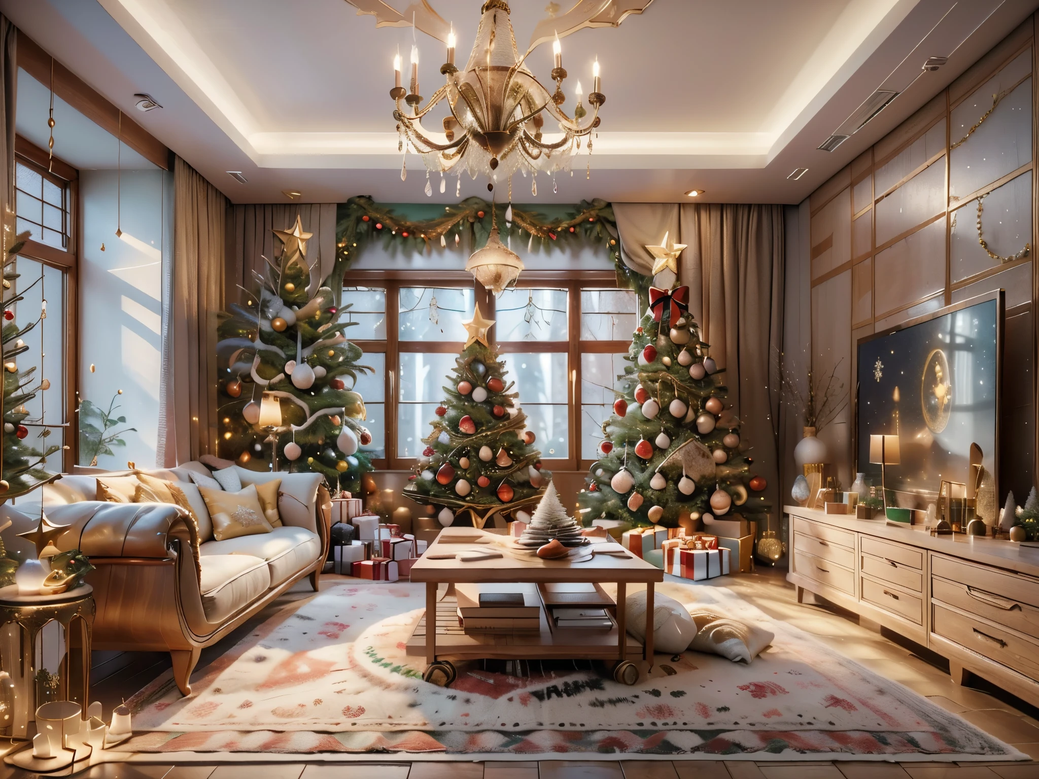 ultra real photo， tmasterpiece， Best quality， ultra - detailed， 超高分辨率， RAW photos，(Christmas living room)，(圣诞豪华Decorative style)，A fusion of gorgeous Christmas elements and symmetry，落地窗充满温暖的圣诞lamplight。Beautiful Christmas furniture is placed in the center，Includes comfortable Christmas style sofa and chairs，Mild color。(Huge Christmas artwork hanging on the wall)，old color，(Christmas unique style)。(墙壁Decorative style以圣诞元素Decorative style，The fireplace is warm、Lanterns hanging on the stairs、Colorful gifts wrapped under the Christmas tree、The floor is piled with gifts、wooden floor、Decorative style的松树、镶wooden floor、Manta ray and green、Christmas atmosphere、传统的Christmas atmosphere、Merry Christmas、gift tags、Christmas wreath、Decorative style、metal ribbon、Christmas tree lights、Candy and Snacks，Gingerbread Man，lamplight)，Complements the mirror wall，Broaden the sense of space。(Ornate ceiling design with Christmas elements，悬挂的圣诞彩灯Decorative style让房间充满温暖, Soft lighting)。European Christmas style living room，ultra real photo，Extremely detailed and highest quality CG Unity 8K wallpapers, sn