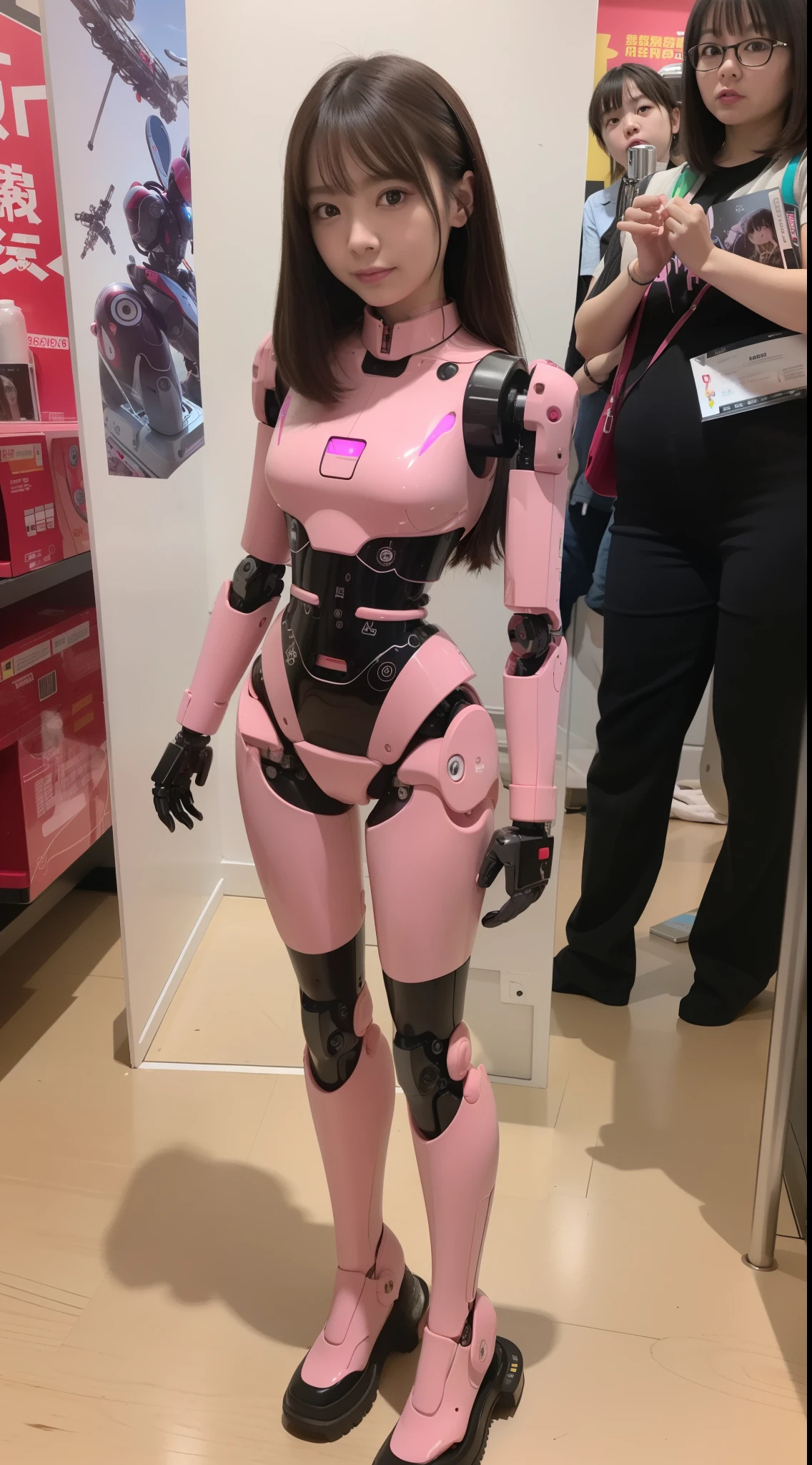 masterpiece, best quality, extremely detailed, (8K, 4K, Best Quality, Hight resolution, 超A high resolution:1.1), 8K portrait,1girl in, Japanese android girl, android teacher, control panels, android, Droid, Mechanical Hand, ,Robot arms and legs, Black hair, Mechanical body, Blunt bangs, Pink Robotics Parts, perfect robot woman, Charging spot, Long Tube, A thick cable was connected to her neck, ceramic body , android, robot humanoid, panty, full eyes, perfect mechanical body, pink robotics body, future assembly plant, Pink body, She has repaired, lack sponge joints, android assembly plant, android, laboratory, platform boots, perfect machine body, pink robot body