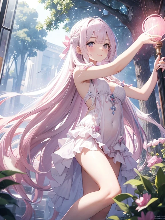 (​masterpiece, top-quality, Ultra high definition image quality、1girl in, white  hair, angelicales, Innocent), Pink detailed eyes, 大きくて美しいangelicalesの羽, full body Esbian, Arms behind, mid air, The halo, the woods, Healthy smile、Mysterious Beauty、Beauty that captivates the heart、美しい神のangelicales、(((light pink long hair)))