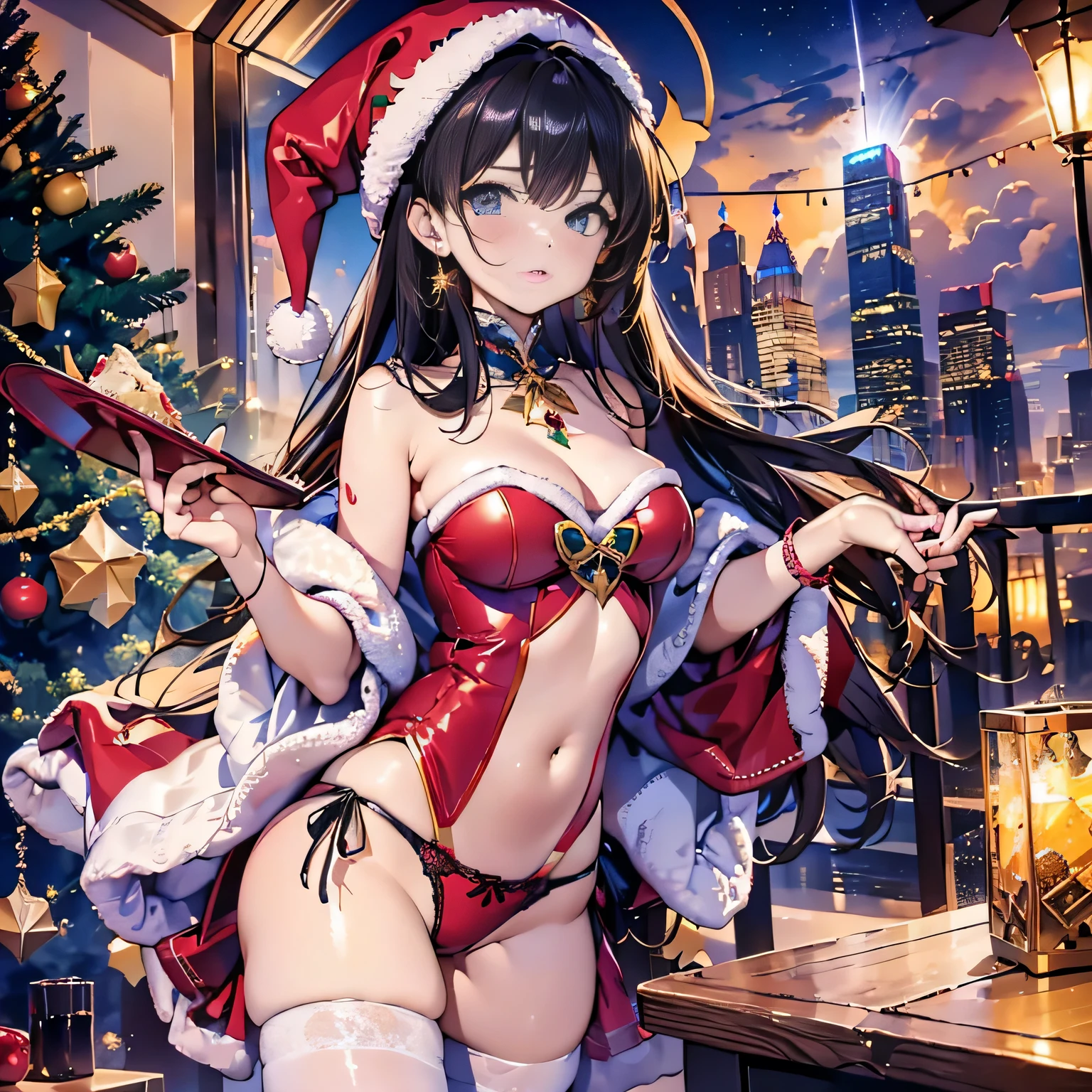 Christmas tree, Santa costume, ((elaborately designed luxury panties for adults, panties high definition images, draw panties with super precision)), (((show off the panties))),panties with Christmas colors, eccentric pose, open legs, raise leg, (drooping eyes, sleepy face, blush), table, foods, drinks, earrings, in the mall, clerk, many customers pass,